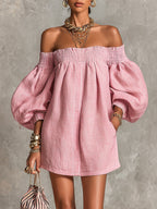 Pink Off-Shoulder Lantern Sleeve A-Line Loose Mini Dress — Pink — photo 1
