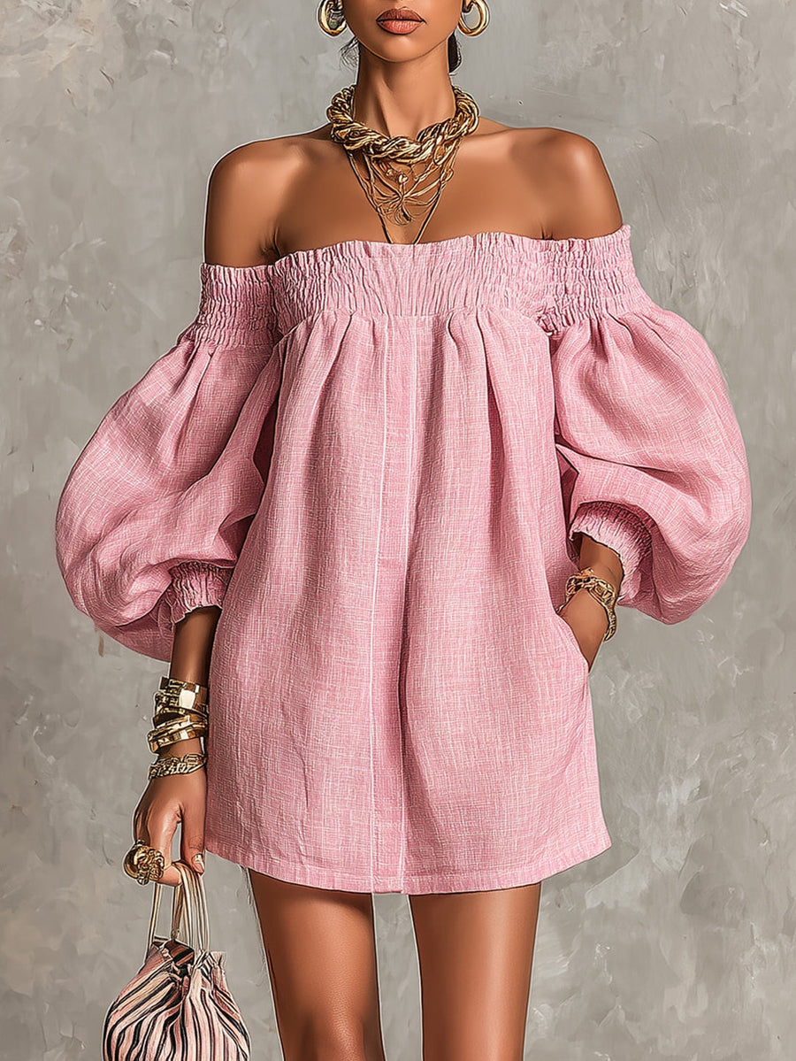 Pink Off-Shoulder Lantern Sleeve A-Line Loose Mini Dress — Pink — photo 1