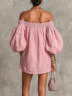 Pink Off-Shoulder Lantern Sleeve A-Line Loose Mini Dress — Pink — photo 2