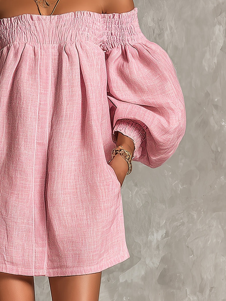 Pink Off-Shoulder Lantern Sleeve A-Line Loose Mini Dress — Pink — photo 5