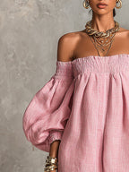 Pink Off-Shoulder Lantern Sleeve A-Line Loose Mini Dress — Pink — photo 4