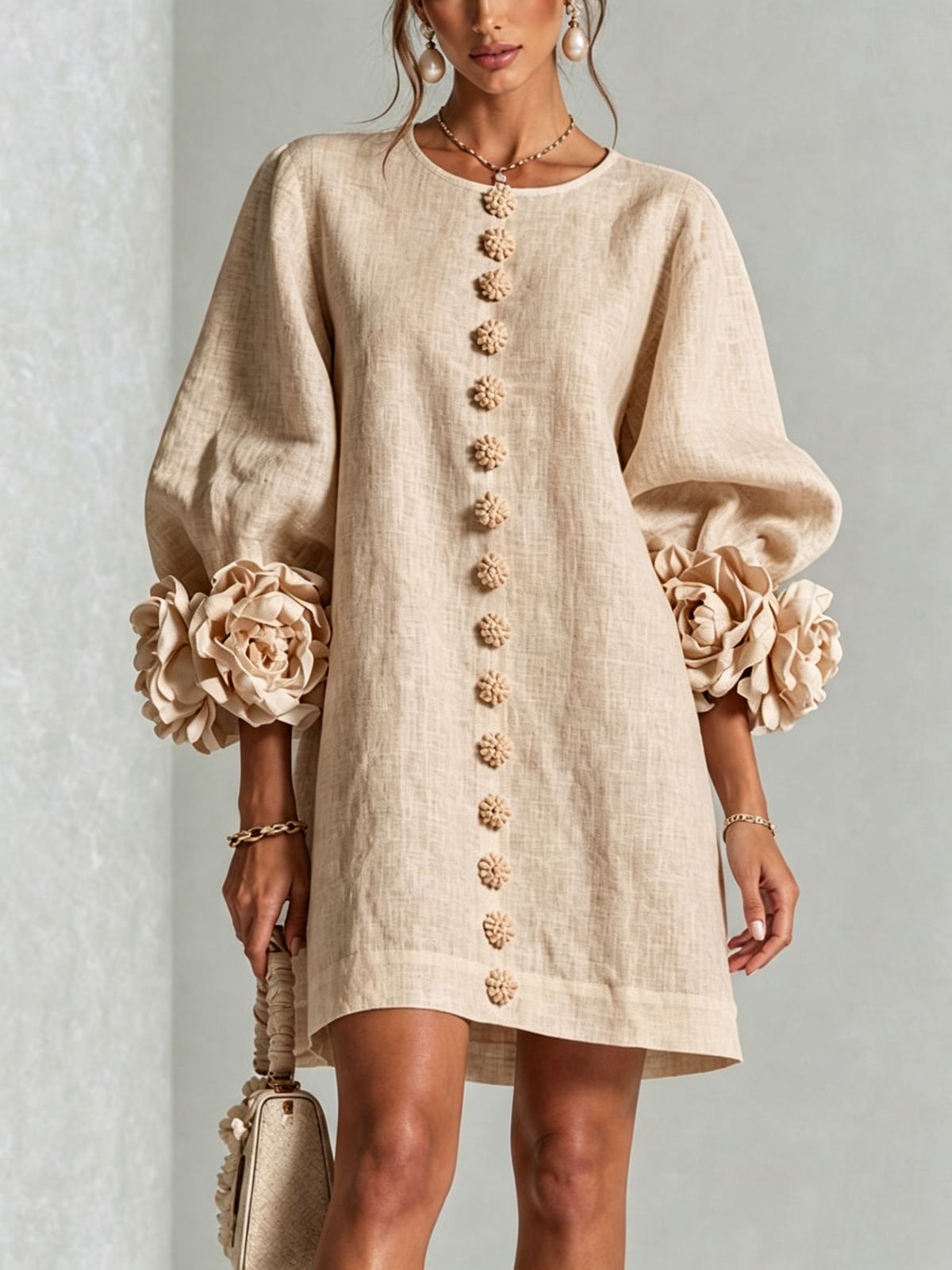 Floral Button-Down Mini Dress With Striking Floral Cuffs — Beige — photo 1
