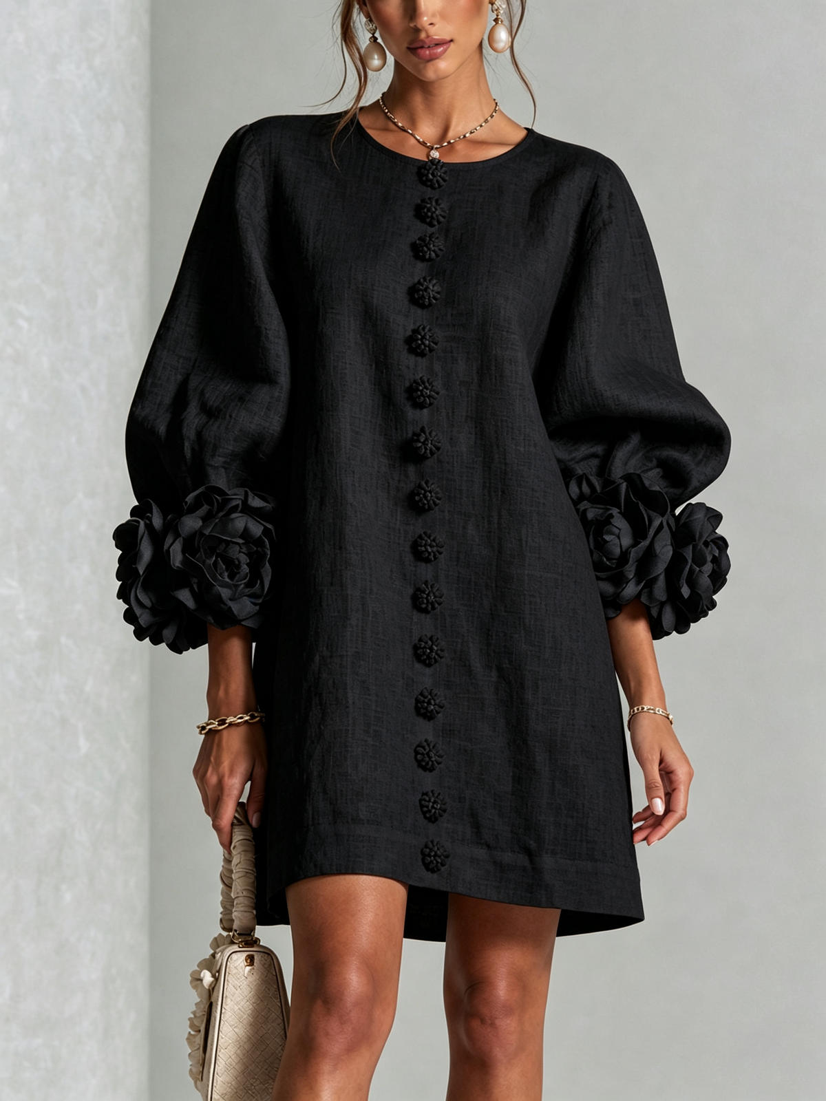 Floral Button-Down Mini Dress With Striking Floral Cuffs — Black — photo 1