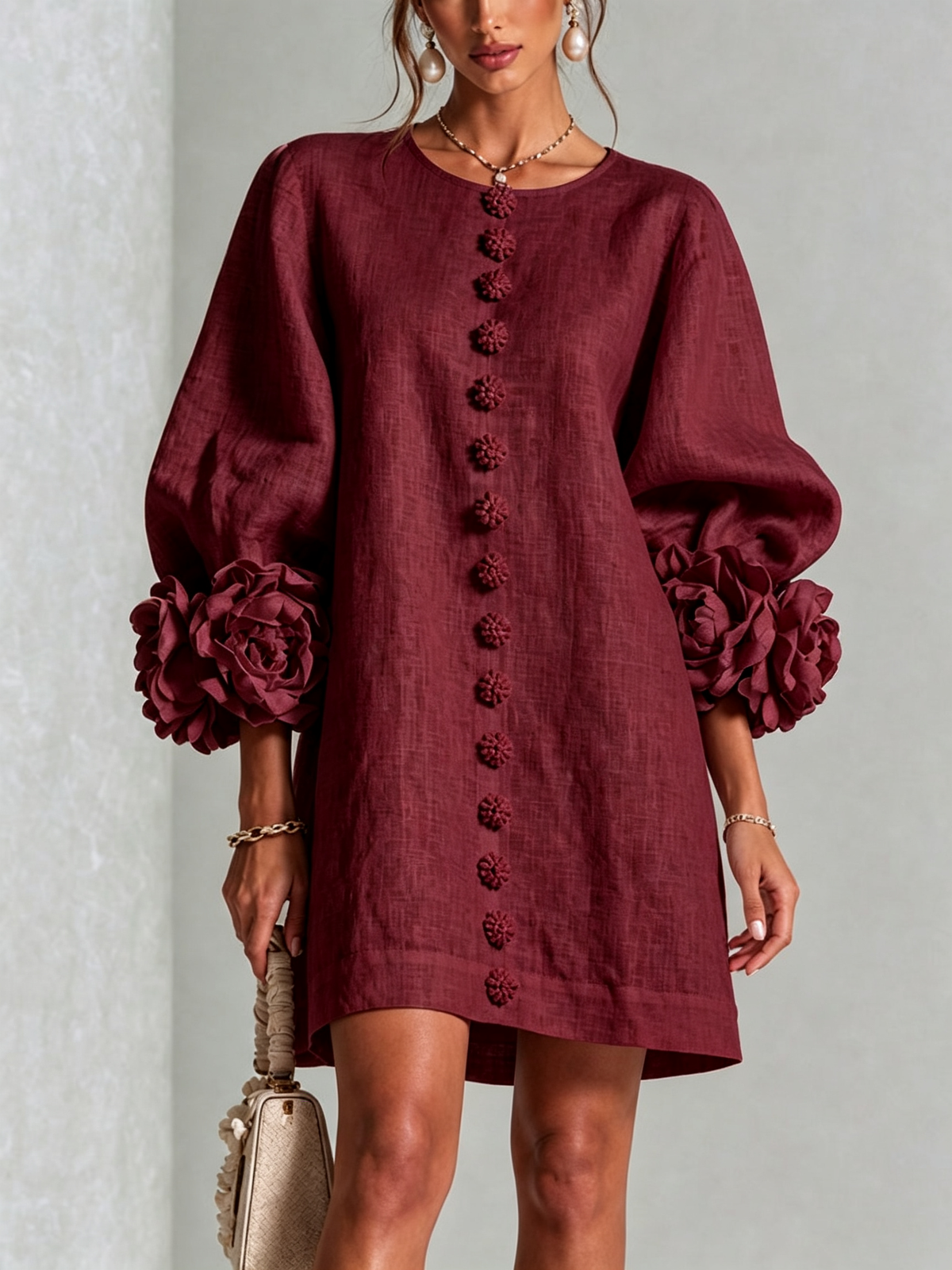Floral Button-Down Mini Dress With Striking Floral Cuffs — Burgundy — photo 1