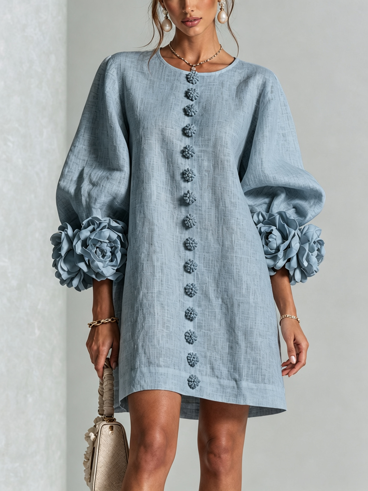 Floral Button-Down Mini Dress With Striking Floral Cuffs — Dusty Blue — photo 1