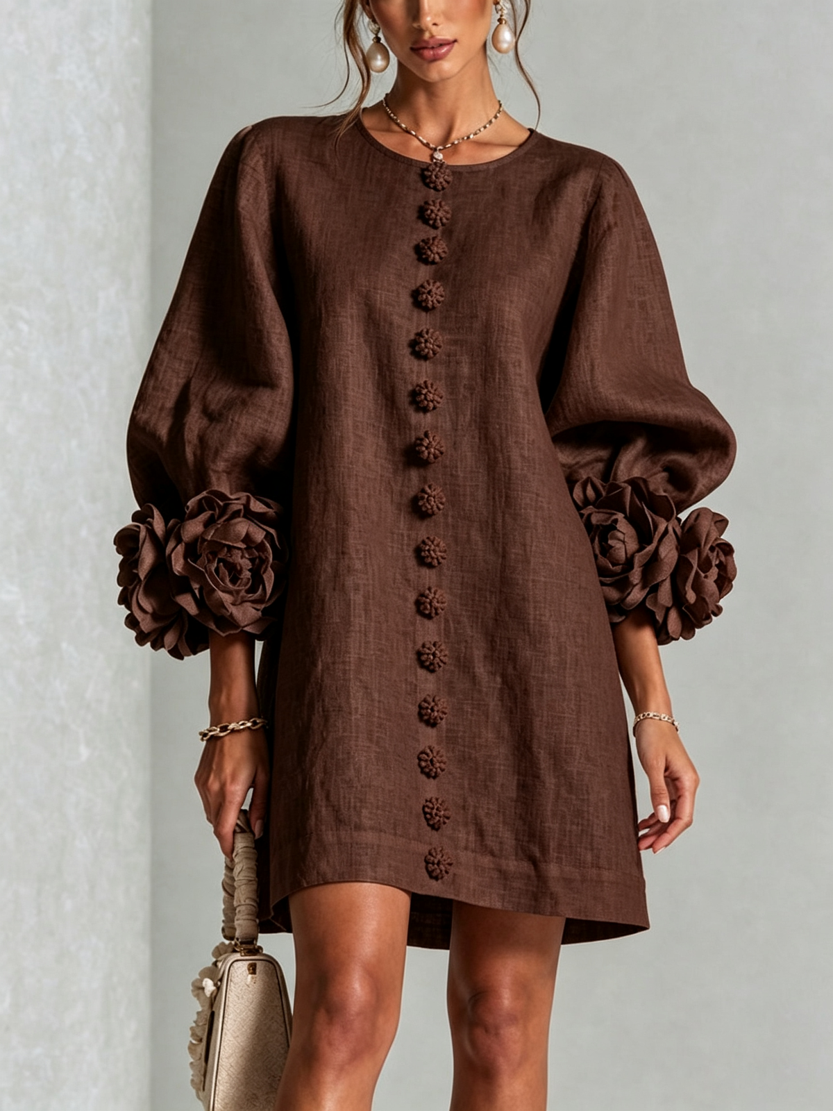 Floral Button-Down Mini Dress With Striking Floral Cuffs — Brown — photo 1