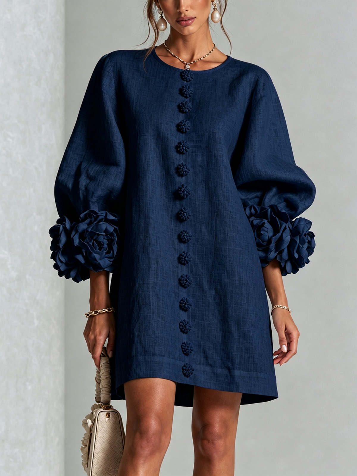 Floral Button-Down Mini Dress With Striking Floral Cuffs — Navy — photo 1