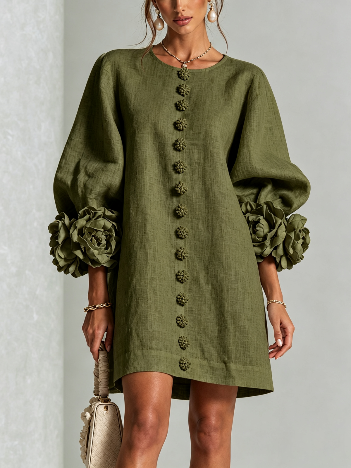 Floral Button-Down Mini Dress With Striking Floral Cuffs — Olive — photo 1