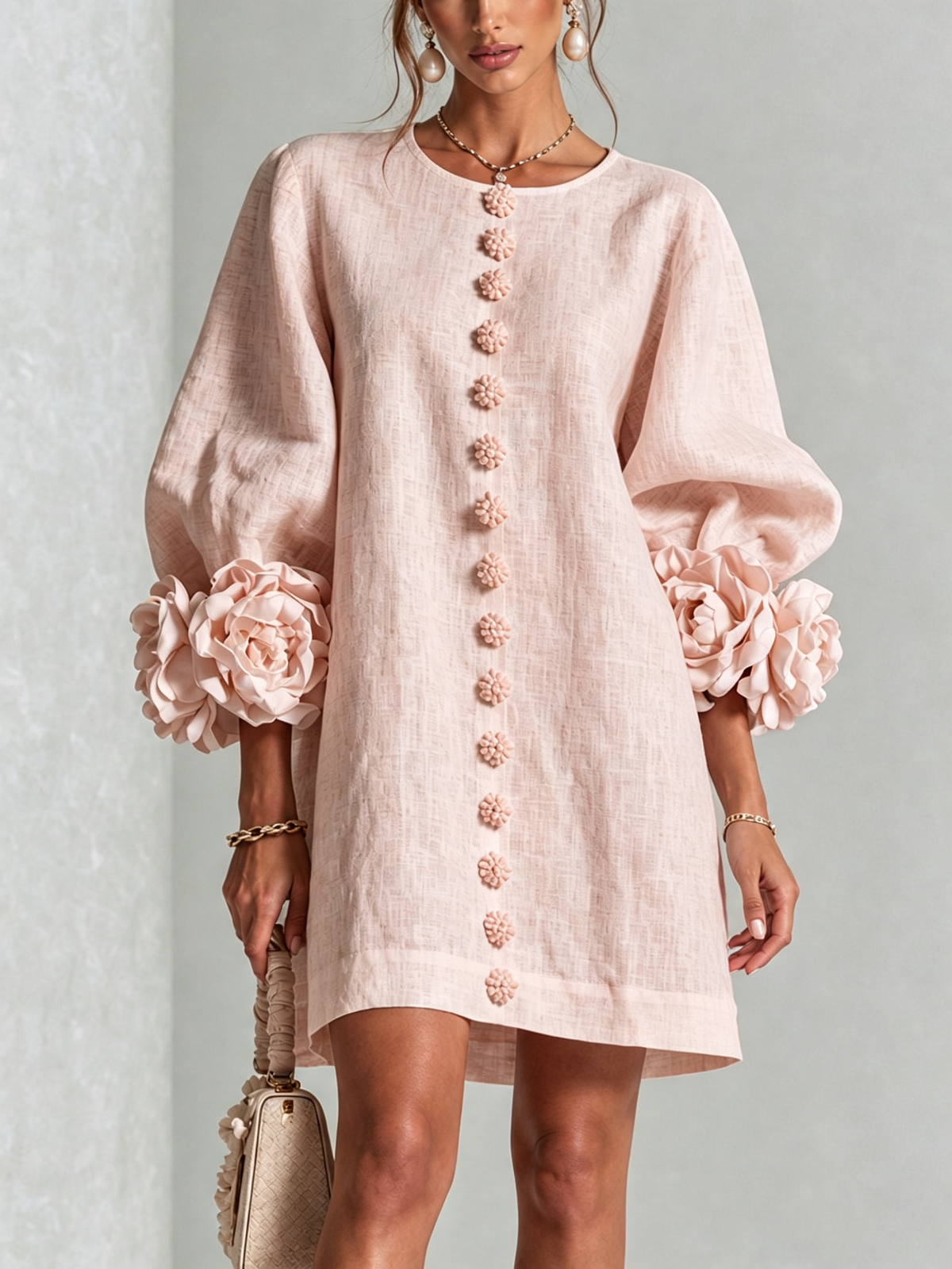 Floral Button-Down Mini Dress With Striking Floral Cuffs — Pink — photo 1