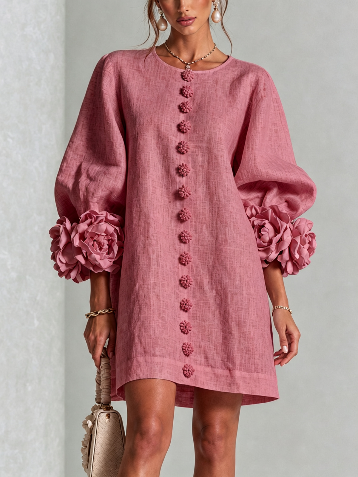 Floral Button-Down Mini Dress With Striking Floral Cuffs — Rose — photo 1