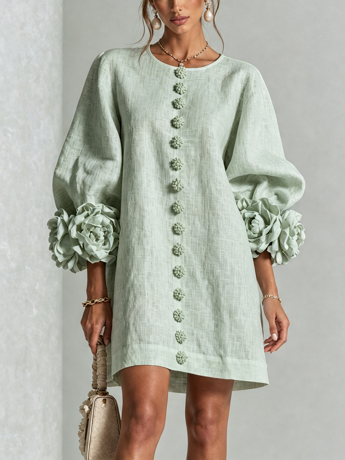 Floral Button-Down Mini Dress With Striking Floral Cuffs — Sage Mist — photo 1