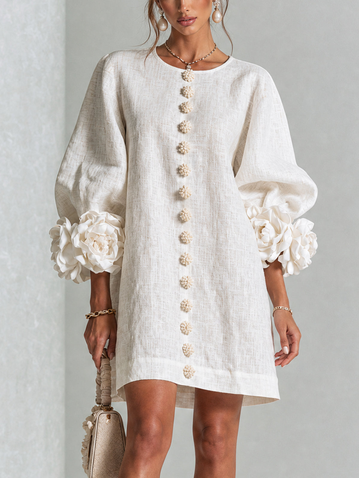Floral Button-Down Mini Dress With Striking Floral Cuffs — White — photo 1