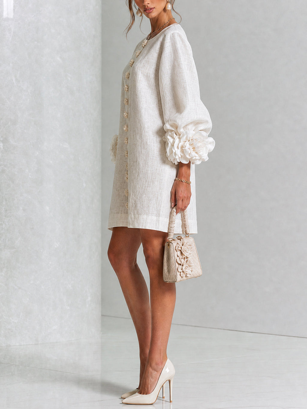 Floral Button-Down Mini Dress With Striking Floral Cuffs — White — photo 2