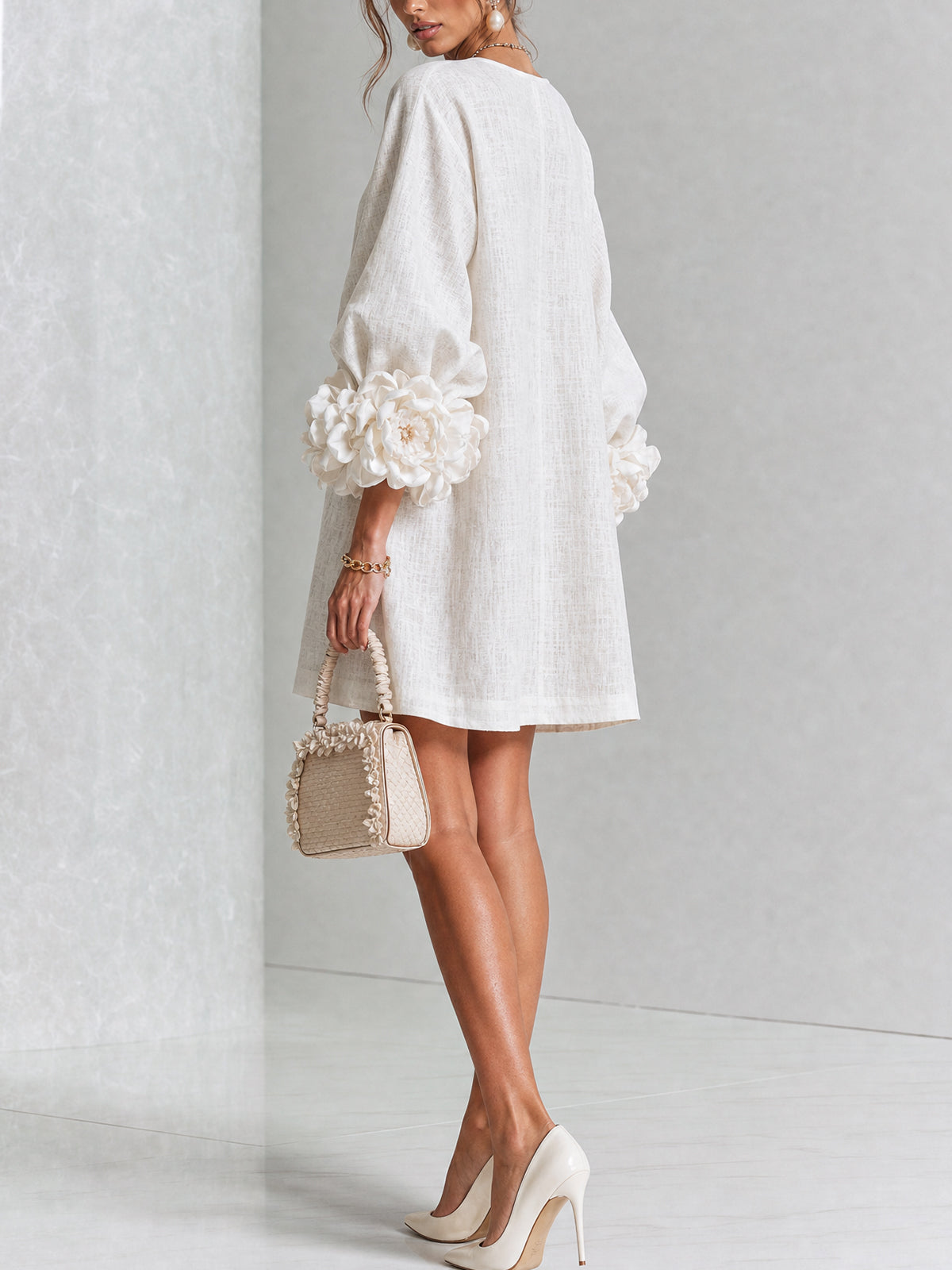Floral Button-Down Mini Dress With Striking Floral Cuffs — White — photo 3