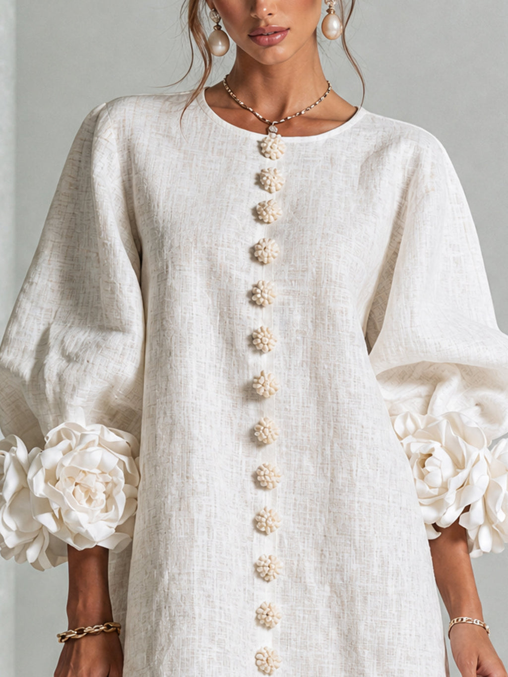 Floral Button-Down Mini Dress With Striking Floral Cuffs — White — photo 5