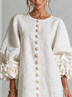 Floral Button-Down Mini Dress With Striking Floral Cuffs — White — photo 5
