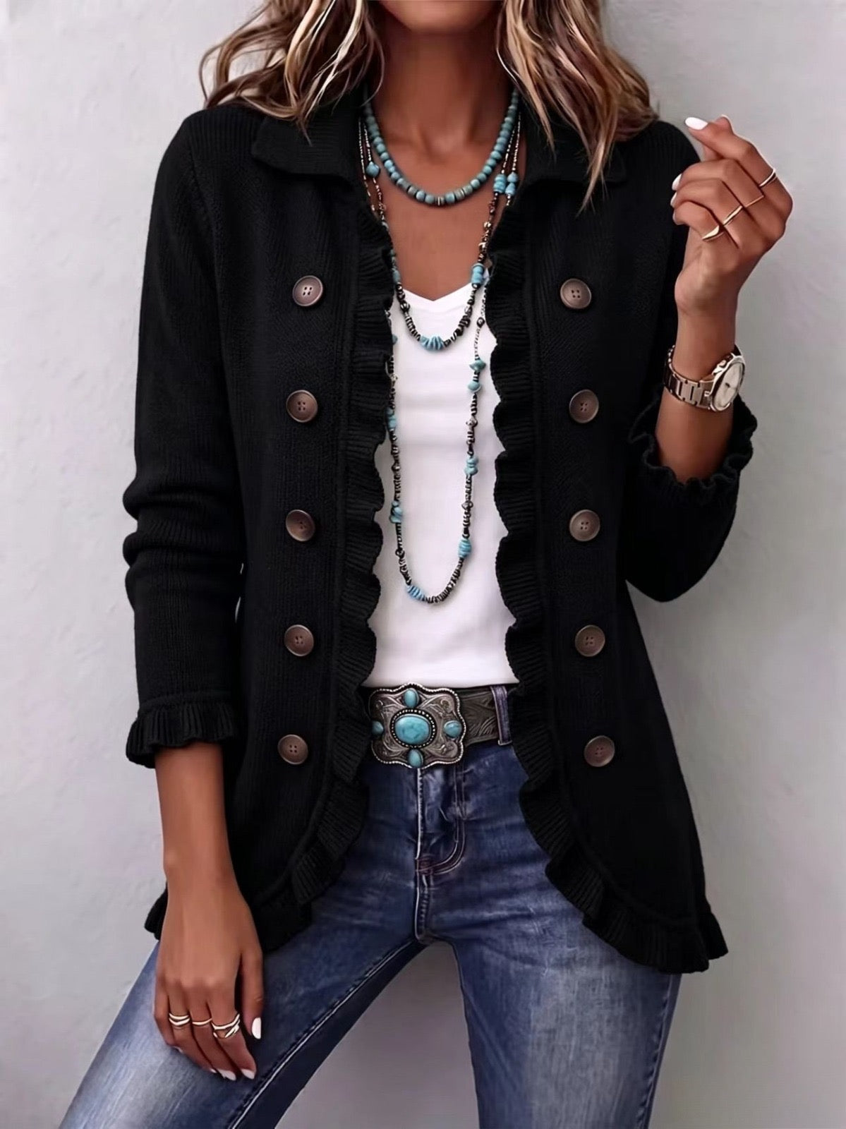 Zélie | Ribbed Knit Ruffle Jacket in Black