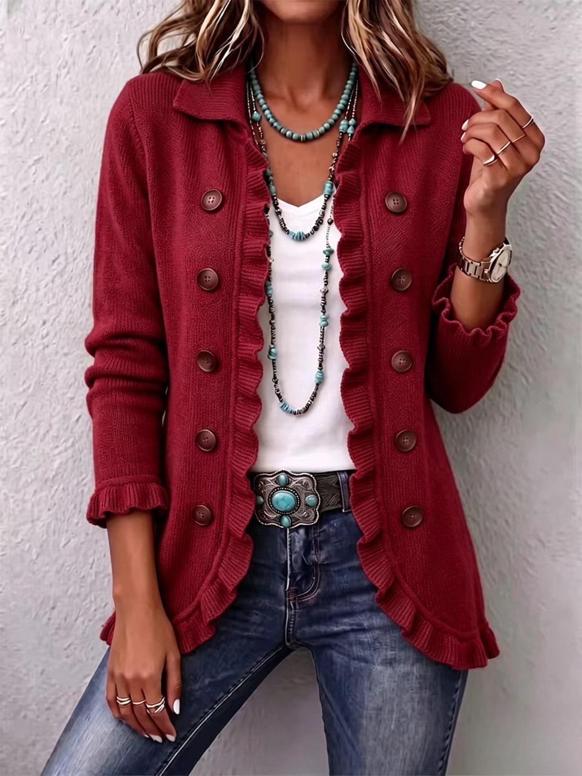 Marthe | Ribbed Knit Ruffle Jacket in Ruby Red