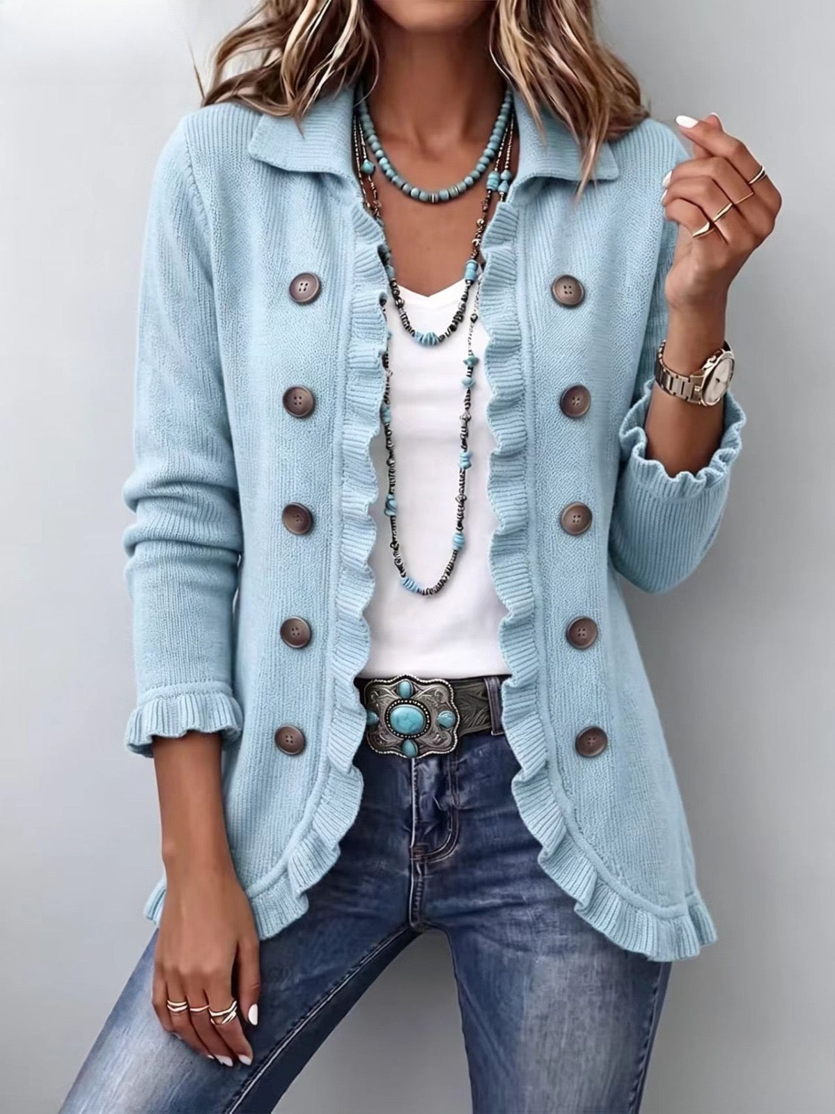 Perrine | Ribbed Knit Ruffle Jacket in Powder Blue