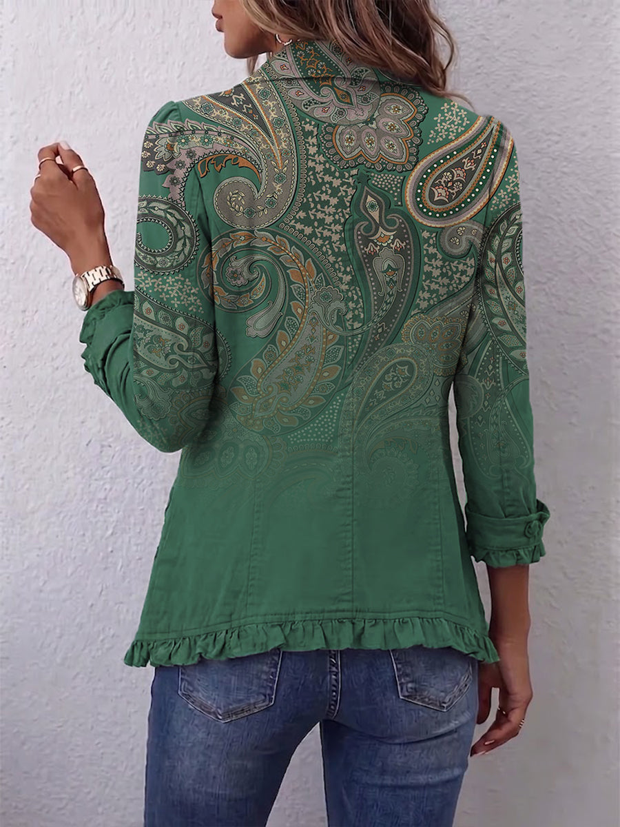 Cosette | Bohemian Paisley Ruffle Jacket in Green