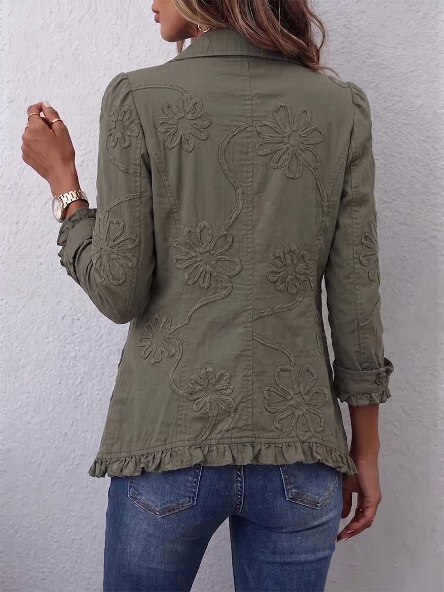 Alexandrine | Floral Embroidered Ruffle Jacket in Olive