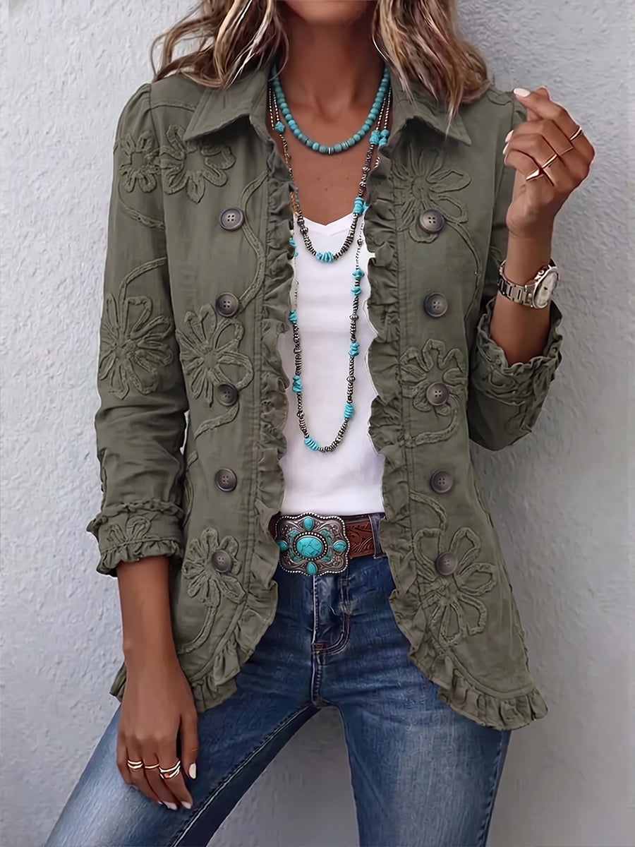 Alexandrine | Floral Embroidered Ruffle Jacket in Olive