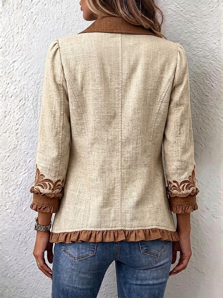Octavie | Floral Embroidered Ruffle Jacket in Camel