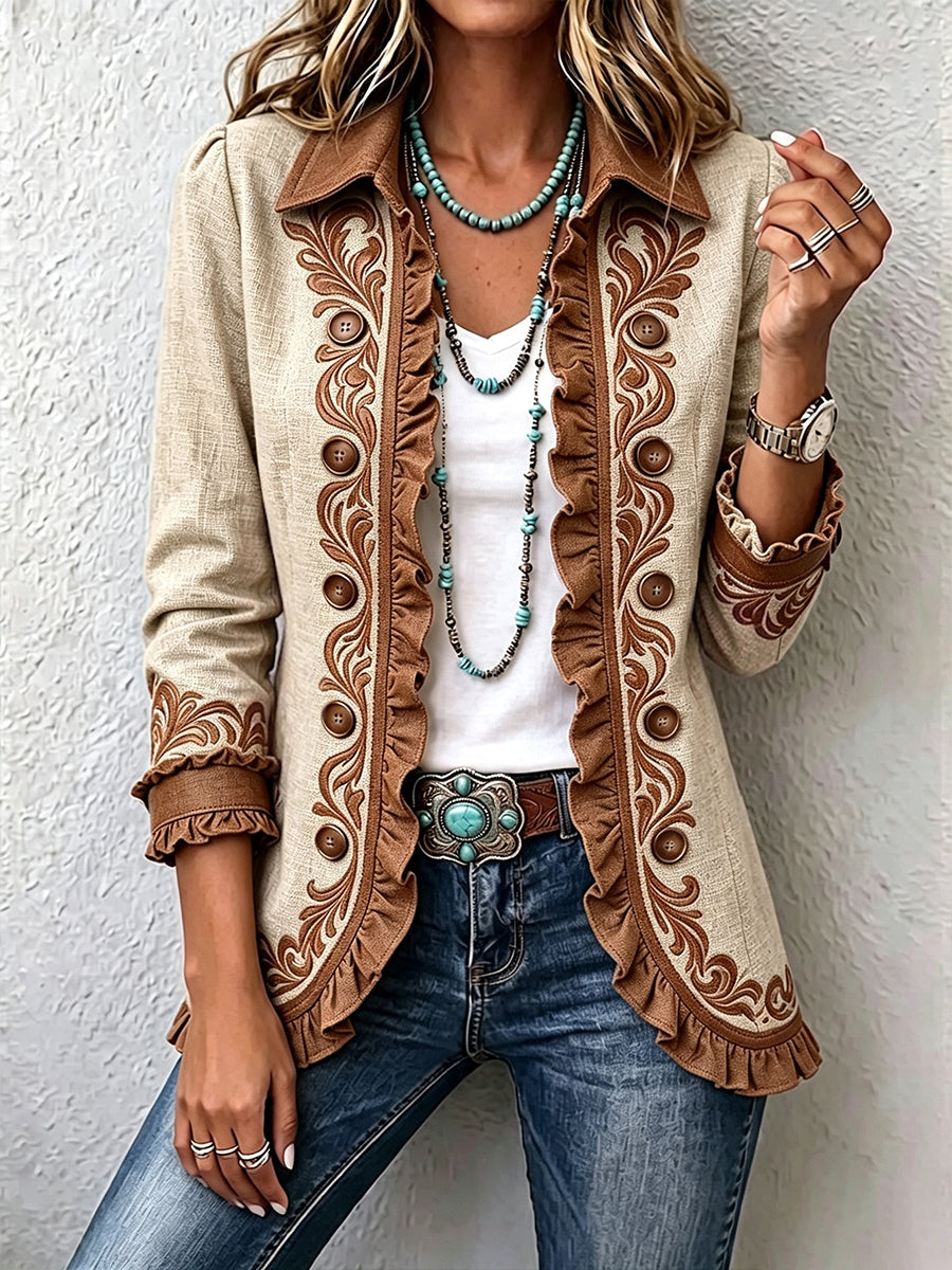 Octavie | Floral Embroidered Ruffle Jacket in Camel