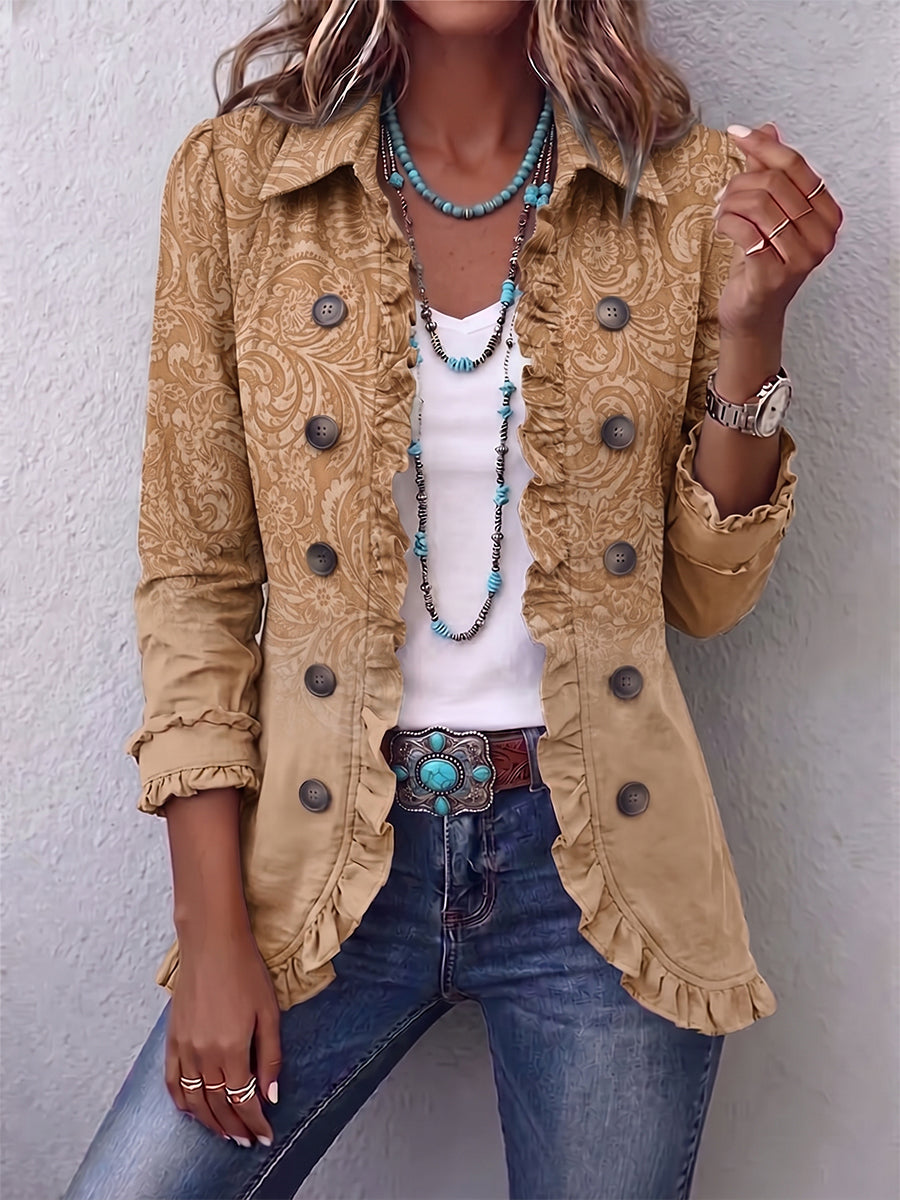 Claire | Western Tonal Print Ruffle Jacket in Khaki