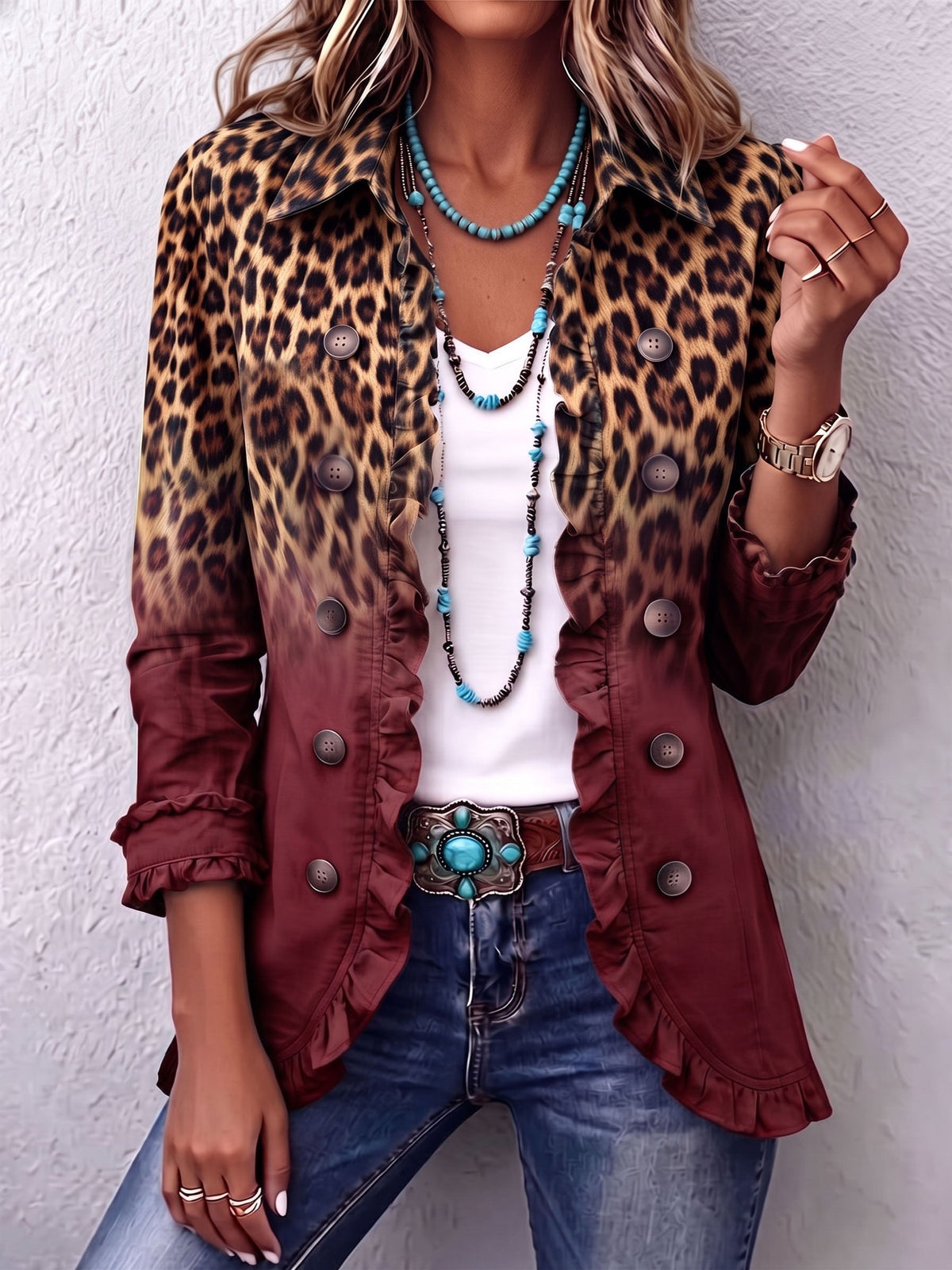 Olivia | Leopard Ombré Ruffle Blazer in Wine
