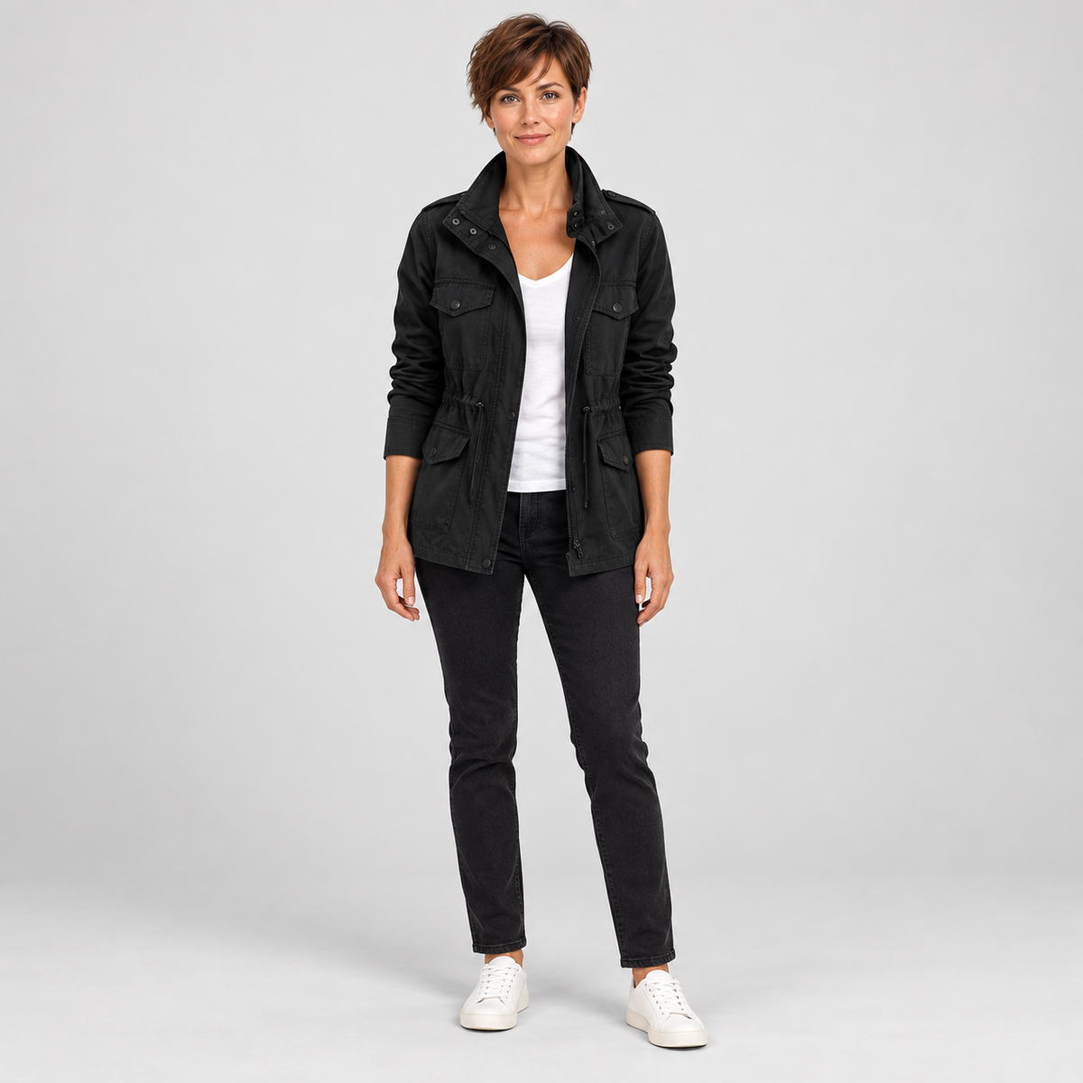 Women'S Utility Cargo Jacket With Multi Pocket Drawstring Waist — Black — photo 2
