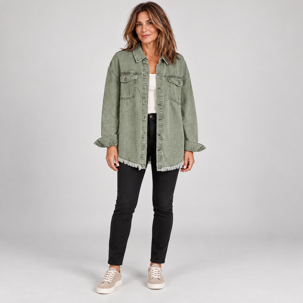Women'S Raw Hem Snap Button Washed Denim Jacket — Army Green — photo 2