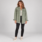 Women'S Raw Hem Snap Button Washed Denim Jacket — Army Green — photo 2