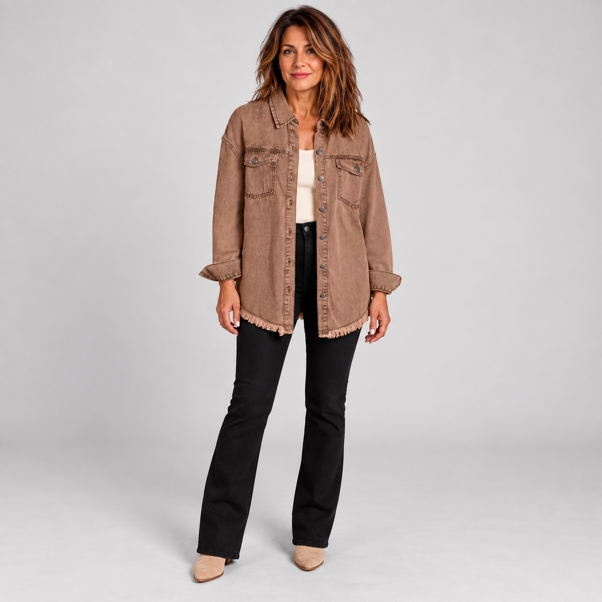 Women'S Raw Hem Snap Button Washed Denim Jacket — Brown — photo 2