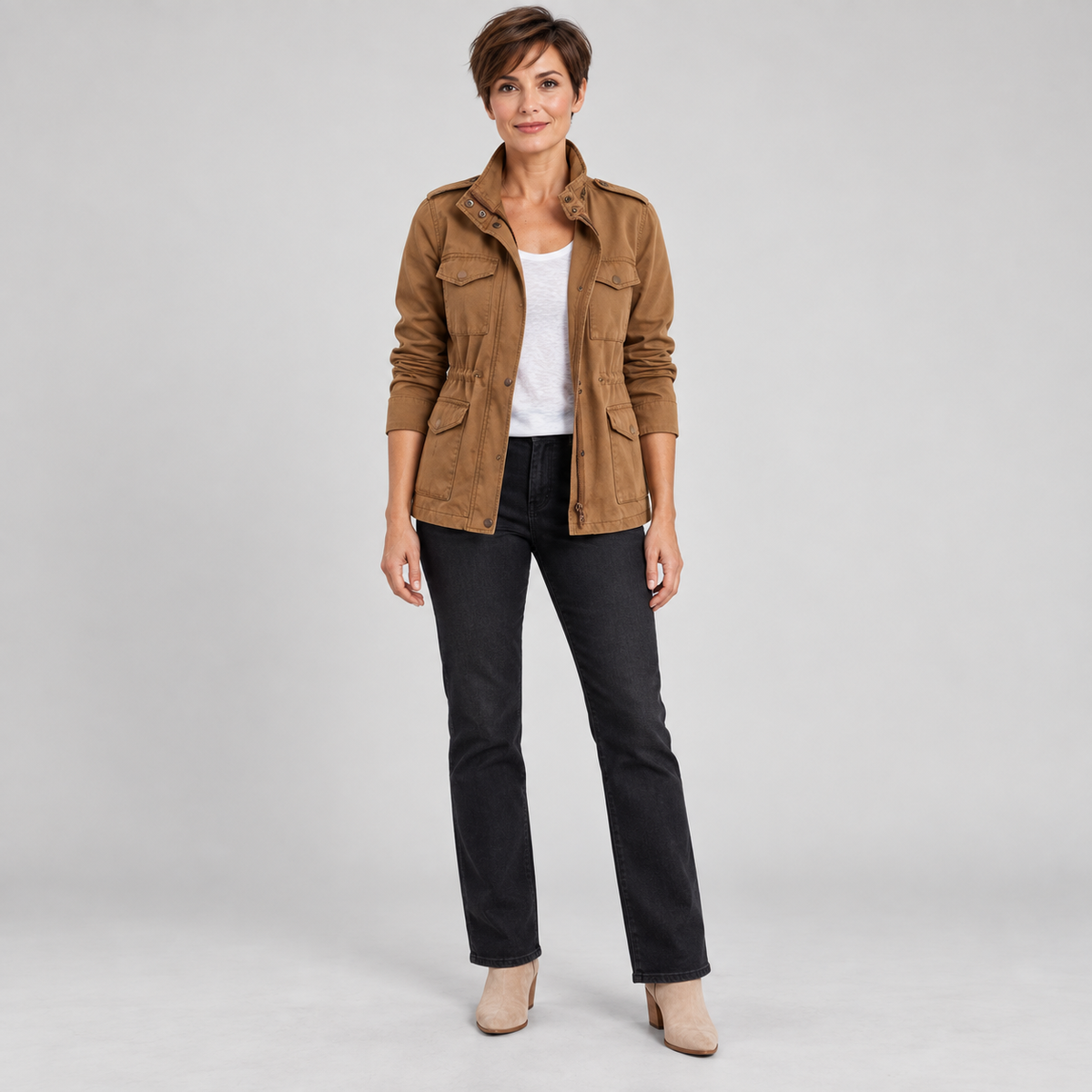 Women'S Utility Cargo Jacket With Multi Pocket Drawstring Waist — Brown — photo 2